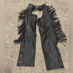 Vintage UNIK PREMIUM BLACK Leather Fringe Chaps Western Biker Unisex XXS